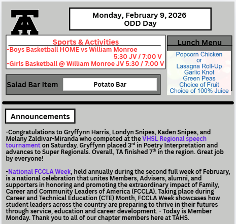 TAHS Daily Newsletter