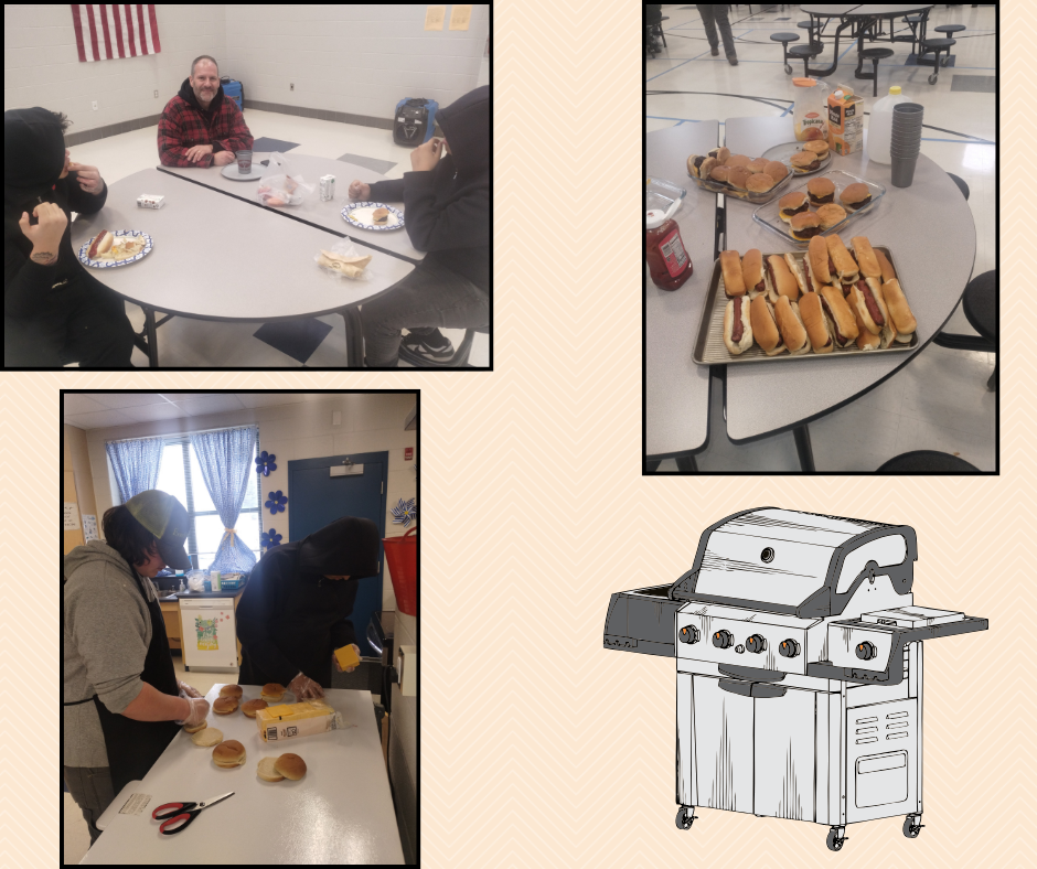 Students preparing hamburger and hotdogs and eating them at lunch