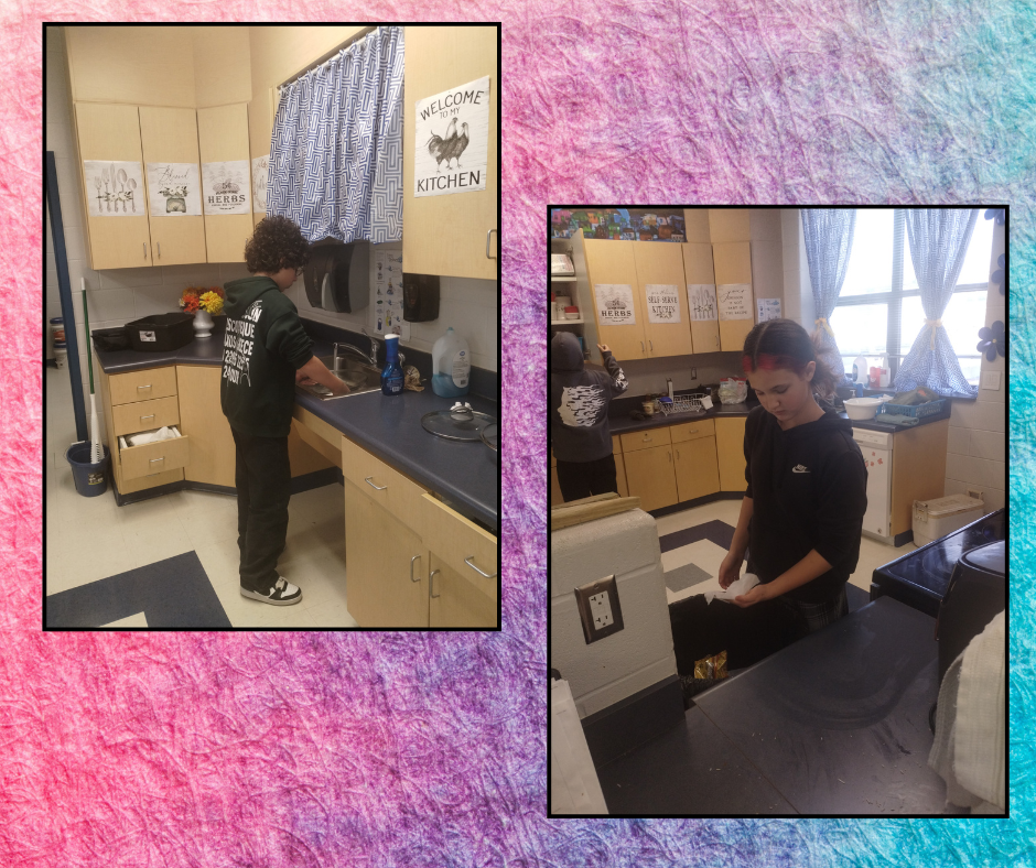 Students cleaning up the kitchen