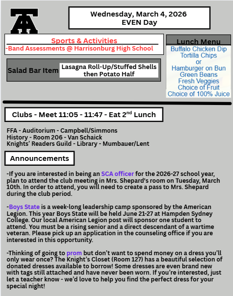 TAHS Daily Newsletter