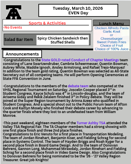 TAHS Daily Newsletter