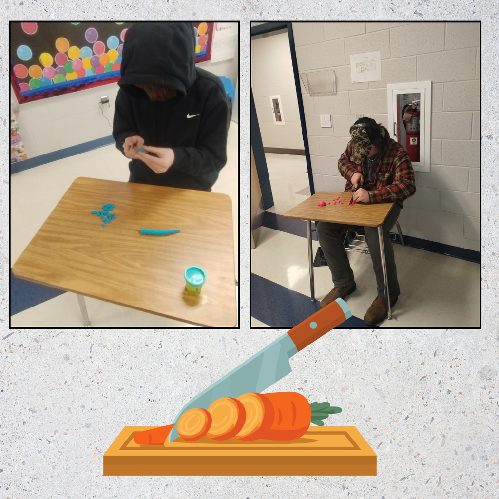 A collage featuring two photos of students practicing precision cutting. One student in a black hoodie is carefully slicing small pieces of blue play dough at a desk. The other student, wearing a plaid jacket and headphones, is cutting pink play dough. Below the photos is a graphic of a chef's knife slicing a carrot on a wooden cutting board.