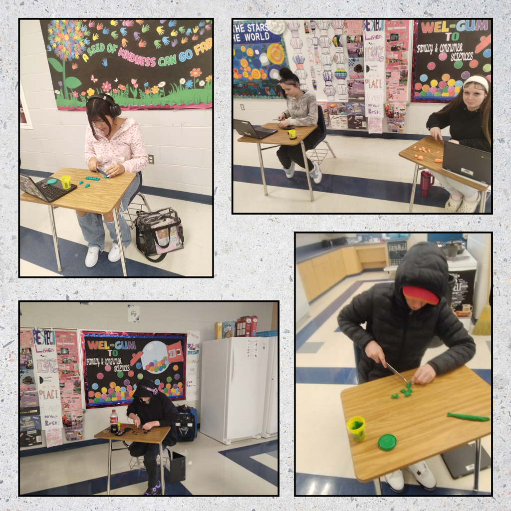 A collage of four photos in a Family and Consumer Sciences classroom. In three of the photos, students are seated at individual desks practicing knife skills by cutting colorful play dough and carrots. The fourth photo shows a student in a black hoodie practicing at a desk near a "Welcome to Family and Consumer Sciences" bulletin board.