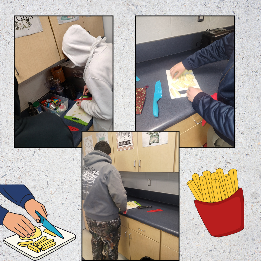 A collage of three photos showing students in a kitchen workspace. Two students are at a counter using cutting boards to slice potatoes into fries (batonnet cut). One student wears a white hoodie and the other a grey hoodie. The collage includes graphics of a hand slicing a potato and a red carton of golden french fries.