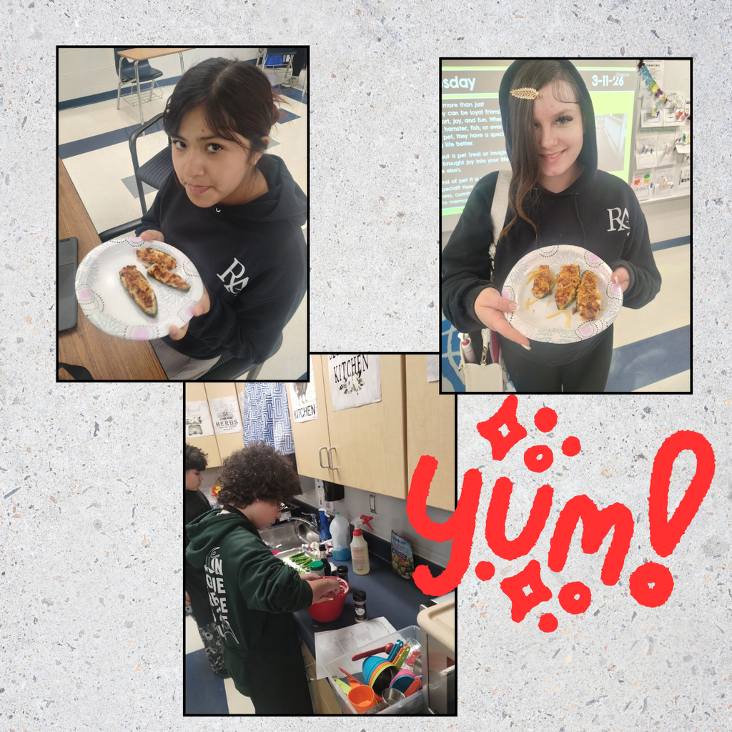 A collage of three photos showcasing a cooking project. One photo shows a student in a kitchen mixing ingredients in a red bowl. Two other photos show students proudly holding paper plates with prepared jalapeño poppers topped with melted cheese and breadcrumbs. A bright red "Yum!" graphic with stars is featured in the corner.