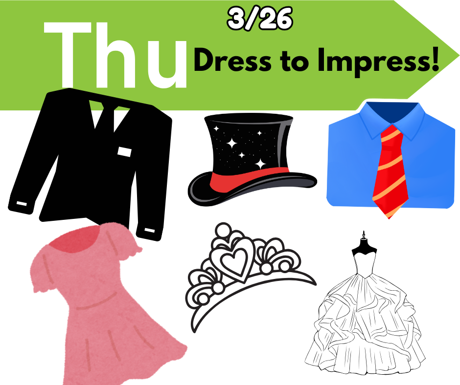 Various clothing items: a black suit, pink dress, red tie, white gown, crown, top hat, and hat. Date reads "3/26".