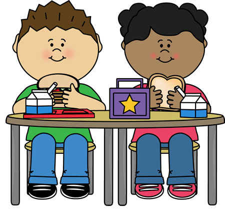 Cartoon of kids eating school lunch at a table together.