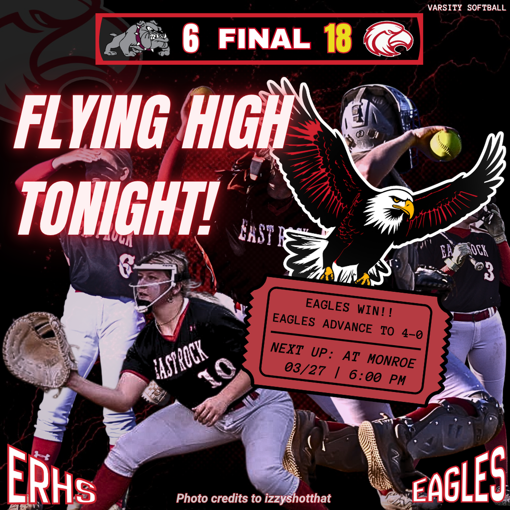 Sports poster with team name, score, and event details. Players in uniform. Eagle graphic above.