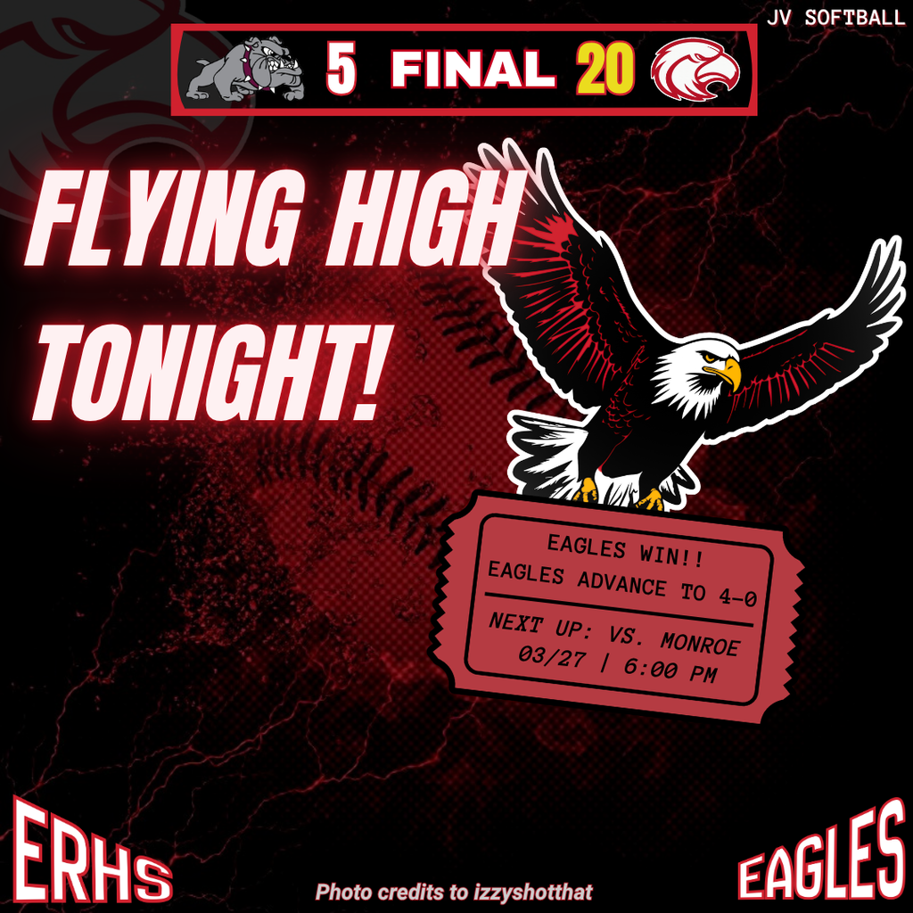 Advertisement with a red background. An eagle spreads its wings over the text "FLYING HIGH TONIGHT!" and "EAGLES WIN!"