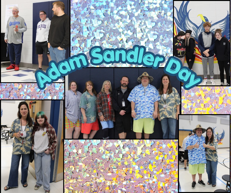 Montage of various photos of people in casual attire, with text overlay "Adam Sandler Day" in the center.