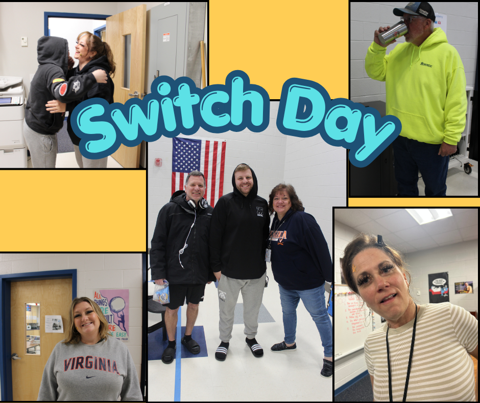 Multiple photos show people in a school hallway. Text reads "Switch Day". A US flag hangs behind some people.