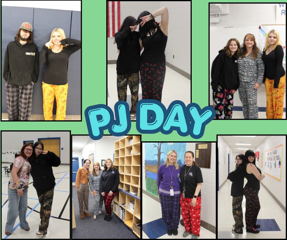 Collage of people wearing pajamas. Text reads "PJ DAY". Backgrounds include school hallways and rooms.