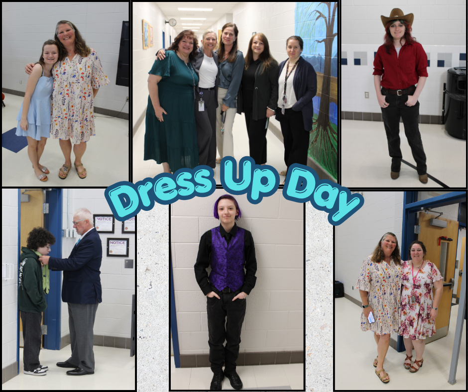 Collage of people in various attires; one person in a cowboy hat and vest. Caption reads "Dress Up Day".