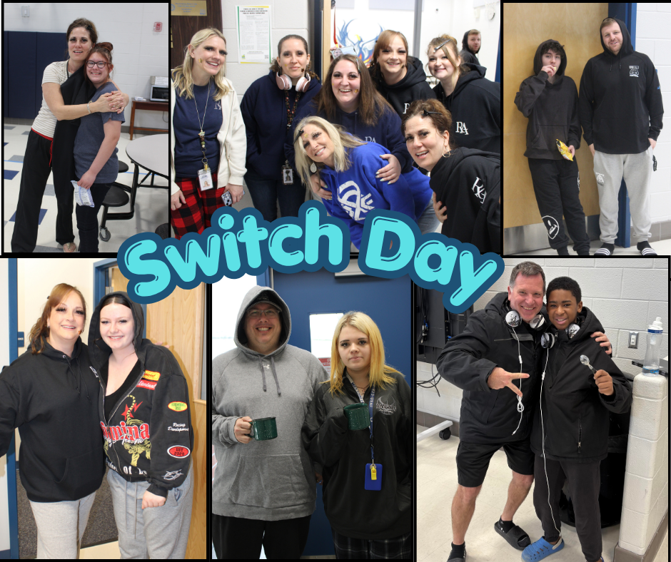 Montage of multiple photos with text "Switch Day". Various individuals in different school hallways, posing with others.