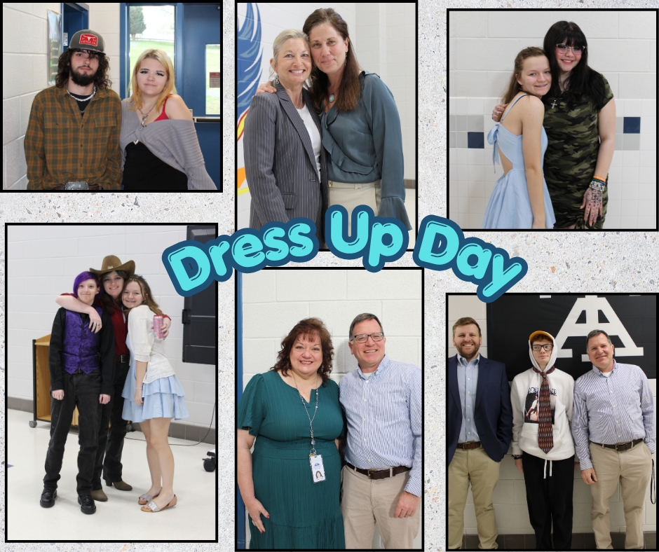 Collage of individuals dressed in themed outfits with text "Dress Up Day" in center. Background is blurred.