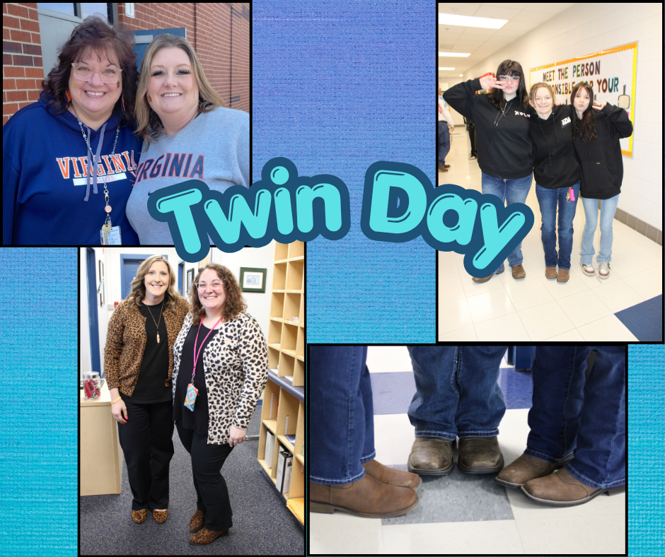 Four photos: two women with Virginia sweatshirts, two women in hallway, two women in room, and two pairs of boots.