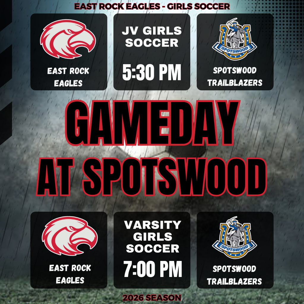 A sports event schedule featuring two teams: East Rock Eagles and Spotswood Trailblazers. Times are 5:30 PM and 7:00 PM.