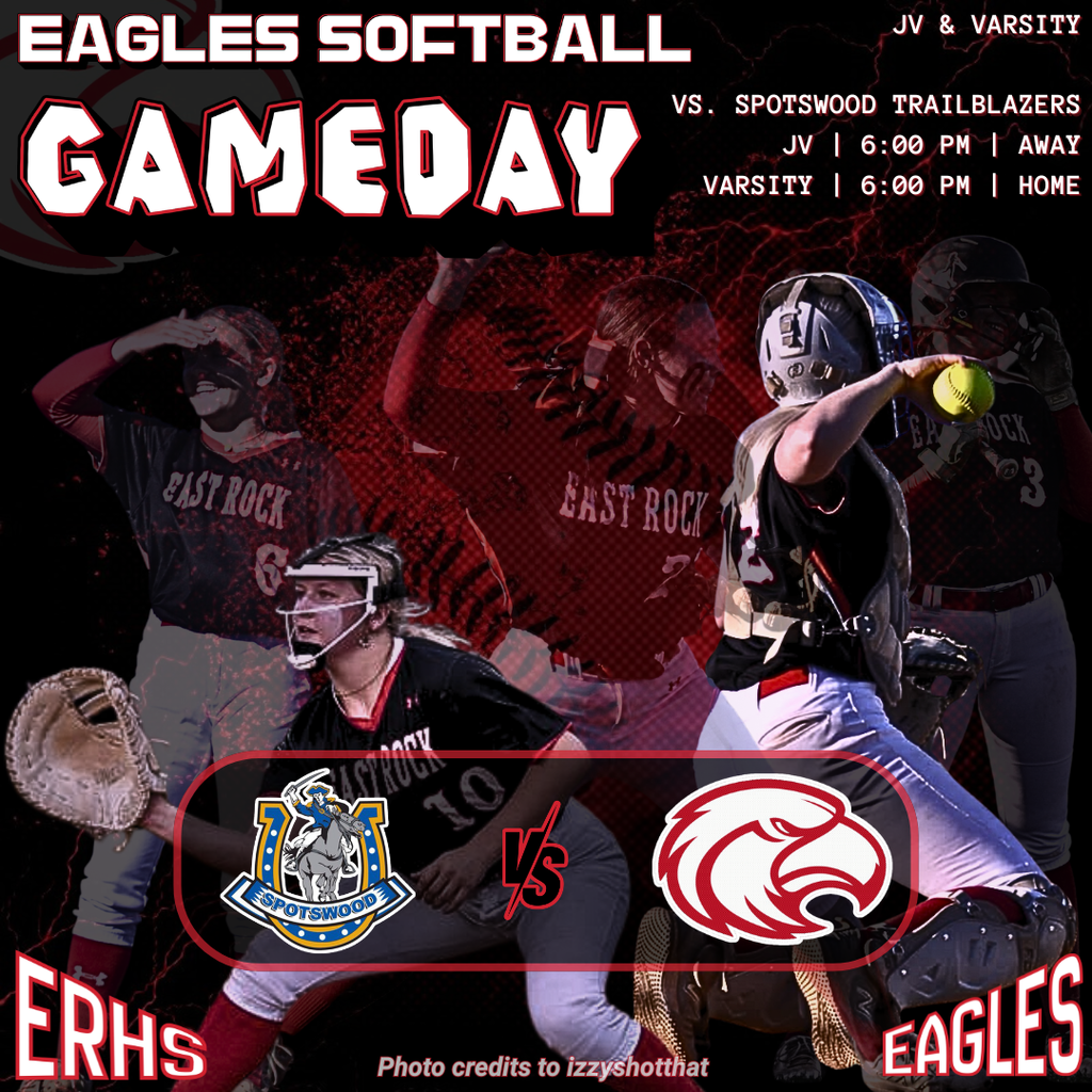 A poster displays a softball game featuring the Eagles vs. Spotwood Trailblazers. Players wear helmets, gloves, and uniforms.