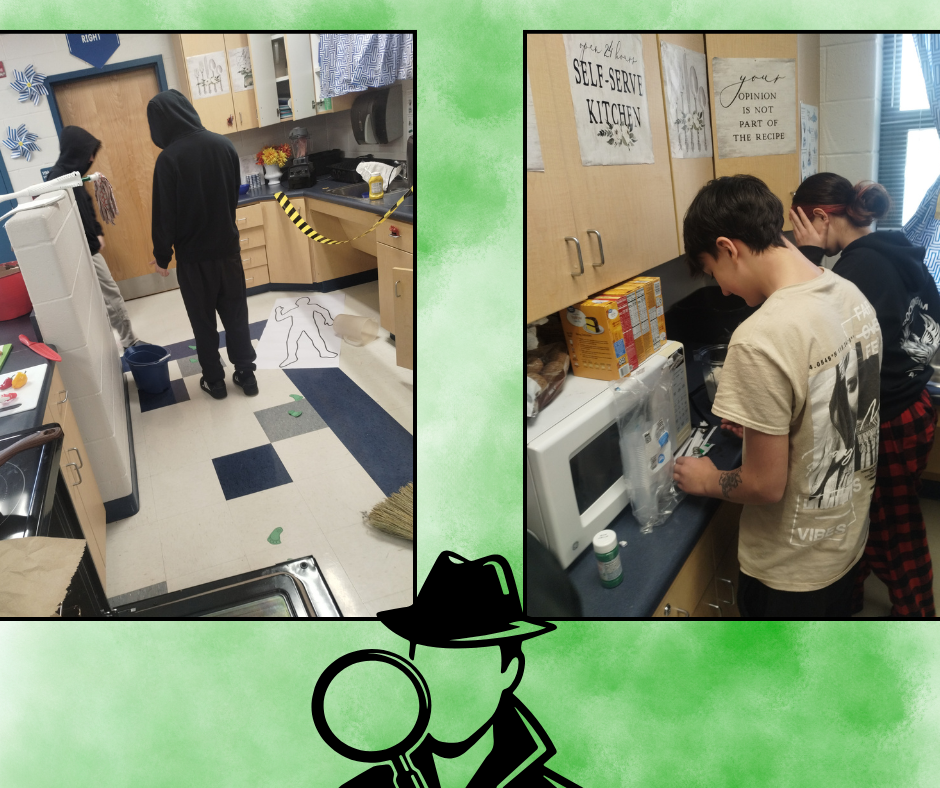 Two images show students in a kitchen area. One depicts a person in a black hoodie. The other shows a person in a white t-shirt working at a microwave.