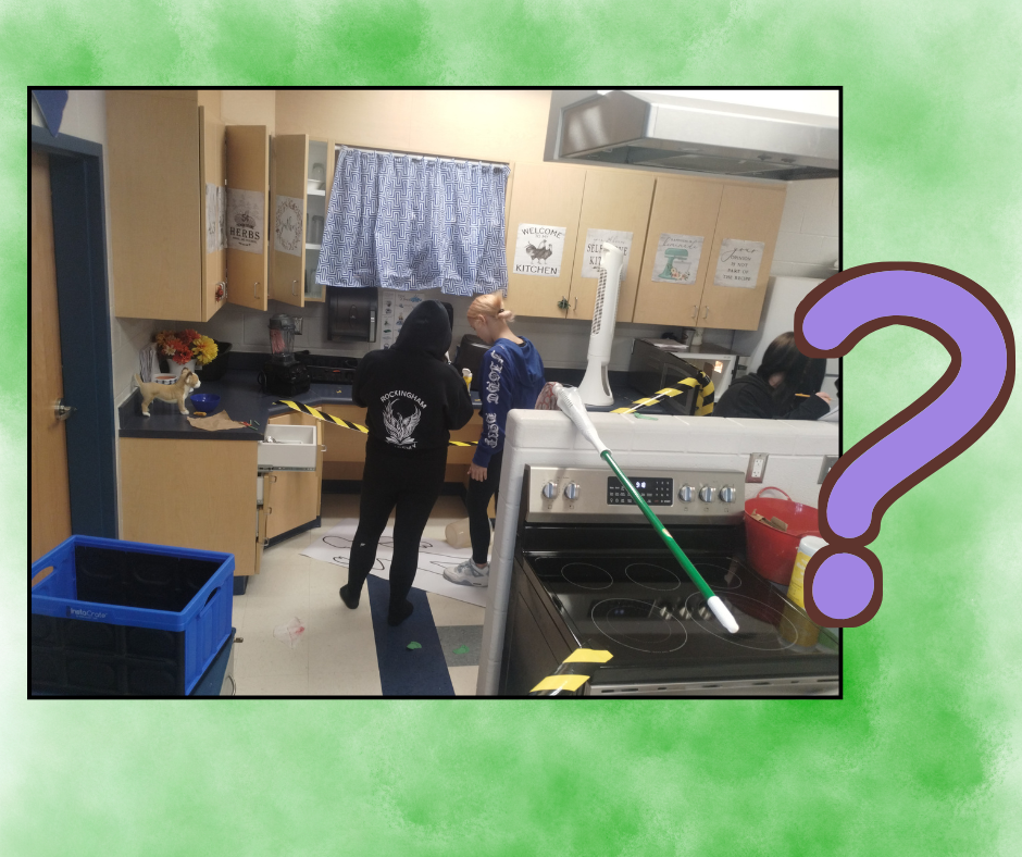 A kitchen with people investing a "crime scene" in the kitchen. Two individuals with hoodies. A stove, cabinets, and a trash bin.