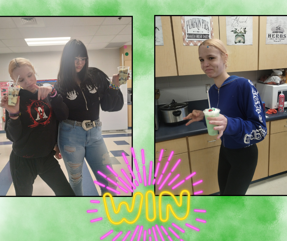 Two photos, one of two women in a classroom holding cups, another of a woman in a kitchen holding a cup.