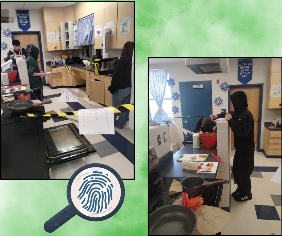 Collage of two images. First, people in a kitchen with a caution tape. Second, a person in a lab coat holding a beaker.