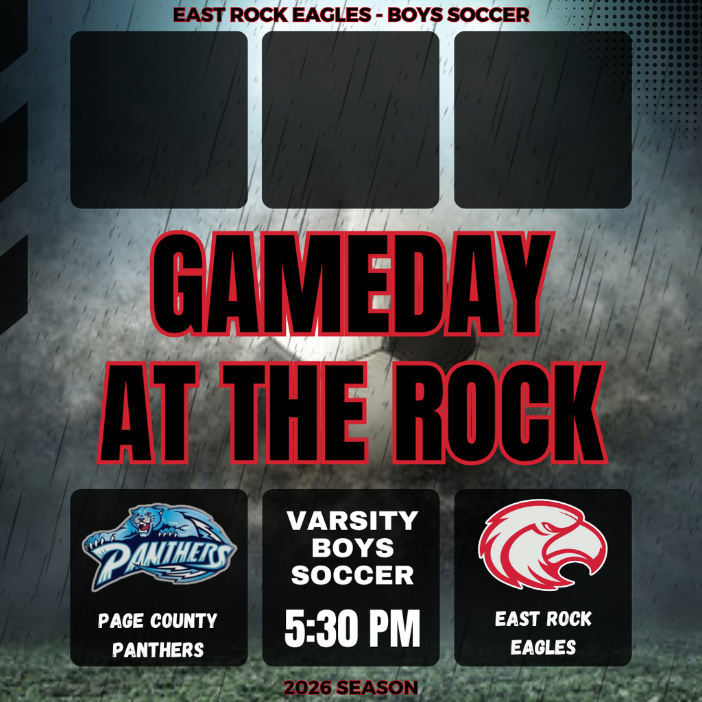 An advertisement for East Rock Eagles vs. Page County Panthers boys soccer, showing team logos, game time, and season.