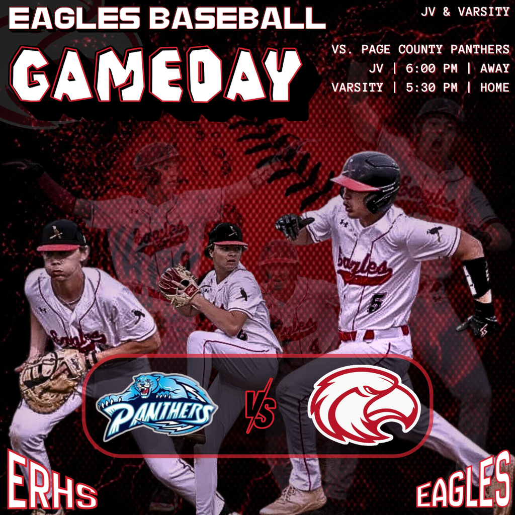 Poster showing three baseball players in action with text reading "Gameday" and details about the Eagles vs. Panthers.