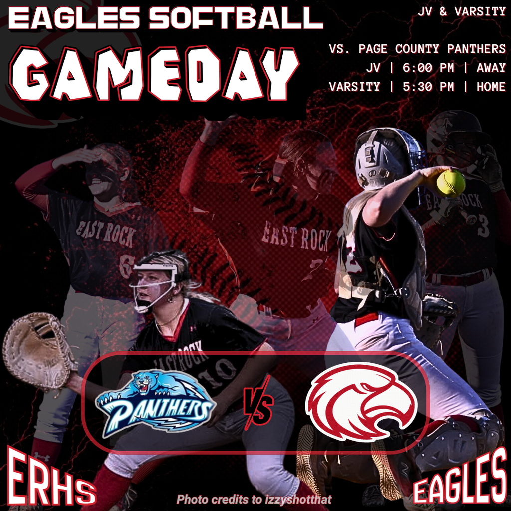 A poster for Eagles softball gameday, showing players in action, with text and logos for Panthers and Eagles.