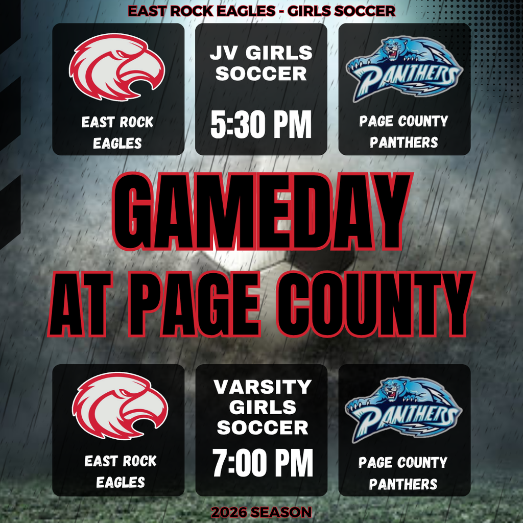 Poster displays two soccer matches. East Rock Eagles vs. Page County Panthers. JV girls kick off at 5:30 PM, Varsity girls at 7:00 PM.