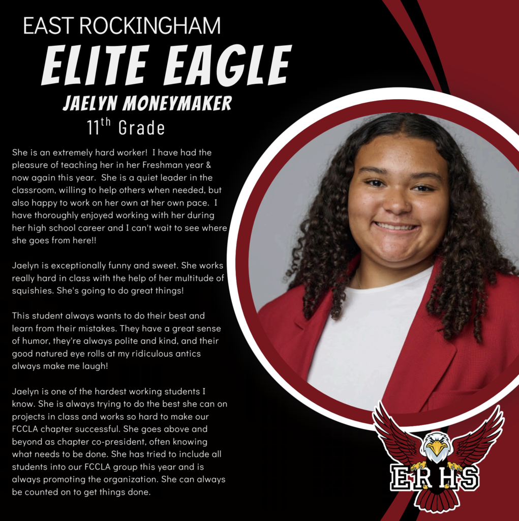 A picture of Jaelyn Moneymaker smiling in a red jacket. Text reads "Elite Eagle Jaelyn Moneymaker."