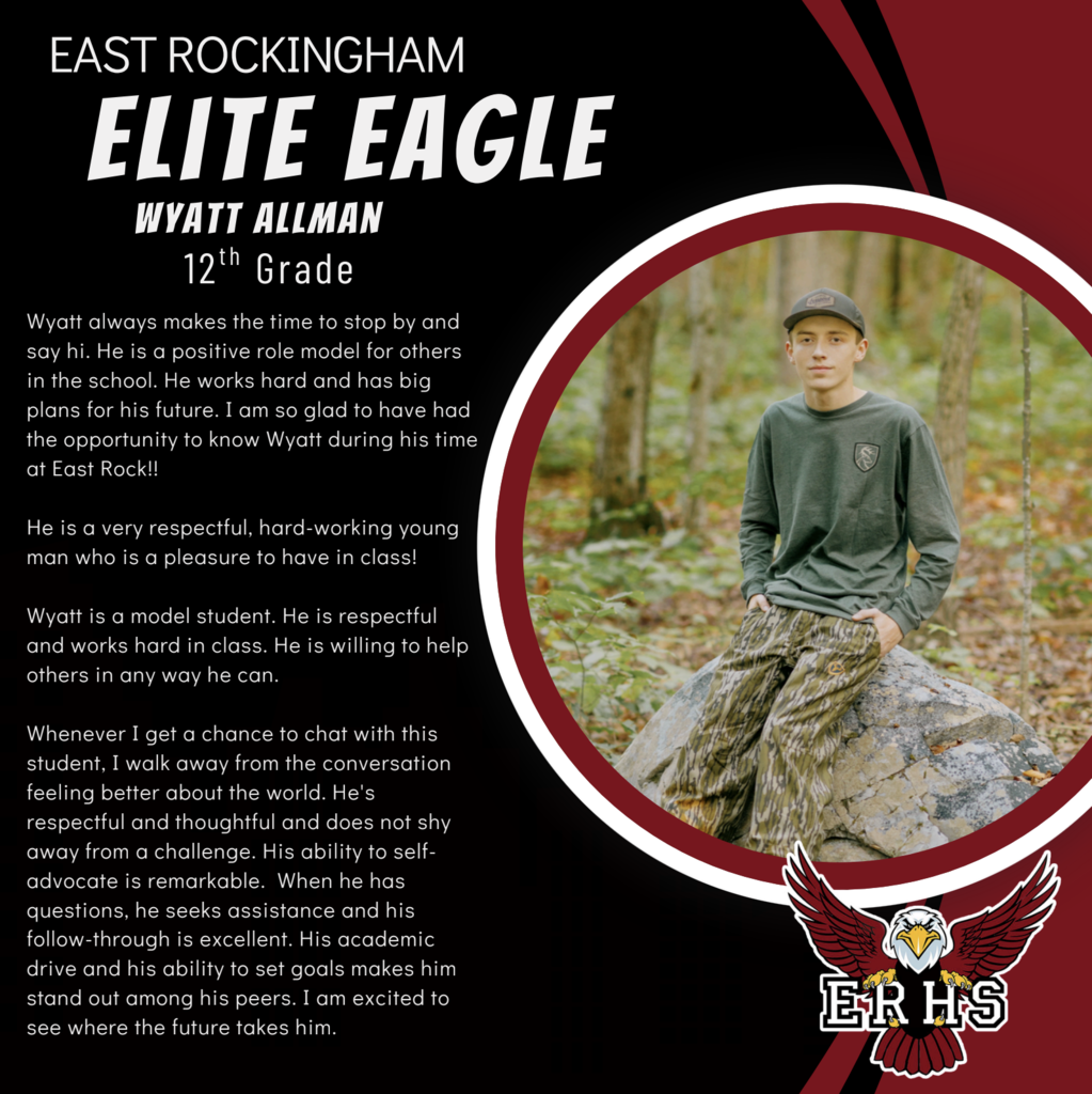 Wyatt Allman is seated in a forest, looking at the camera, with text describing him as a student.