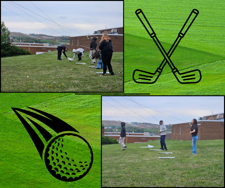 Three photos show people on a grass field. The first photo shows three people, the second has a golf icon, the third has crossed golf clubs, and the fourth has a golf ball icon.