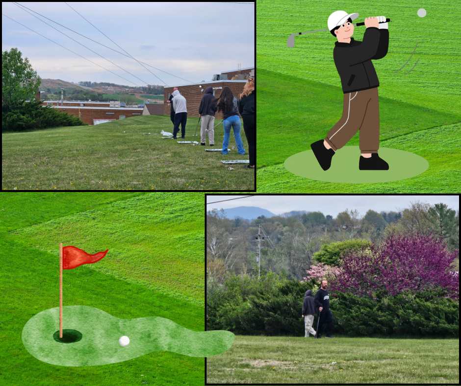 Multiple scenes of a golf course. One shows a golfer in action, another shows a flag on the green.