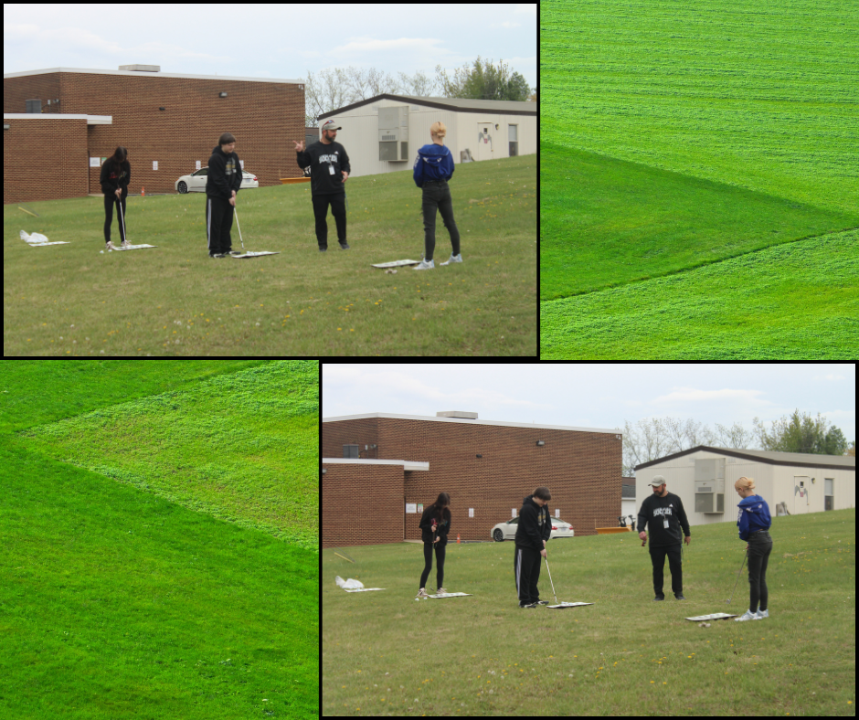 Four photos of people playing a game outdoors, in front of a building. Players use a disc or frisbee.