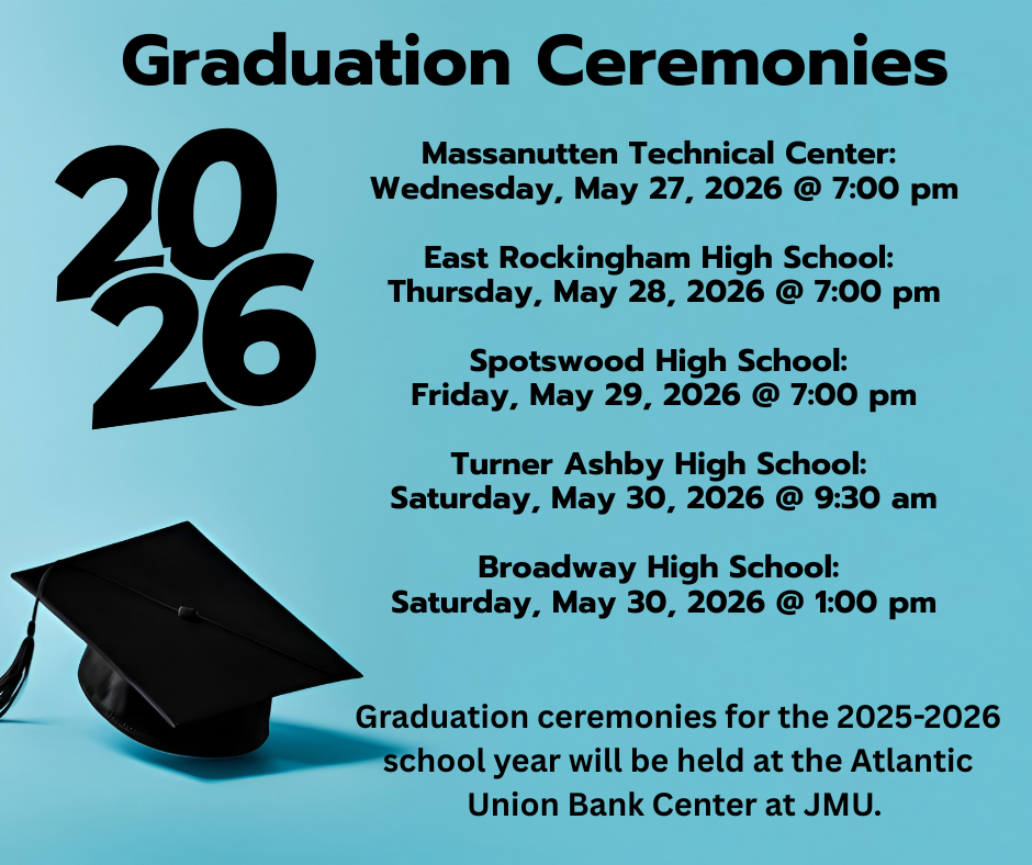 A poster lists 2026 graduation ceremonies at various schools, May 27-30, at Atlantic Union Bank Center at JMU.