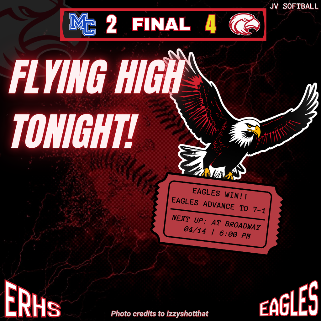 A black background displays a graphic of an eagle with spread wings, text saying "Flying High Tonight!" and "Eagles Win!" with a red ticket.