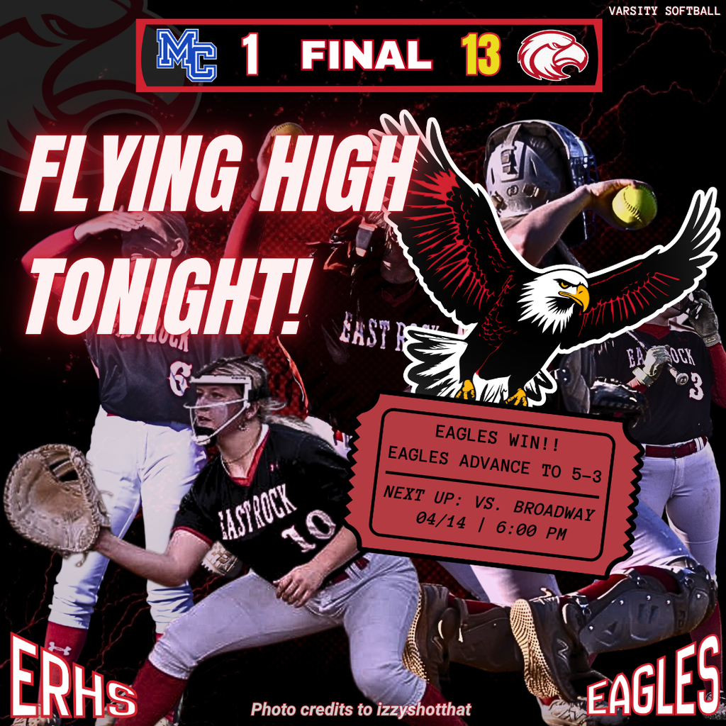 A poster features players from two softball teams, with a player catching a ball and an eagle in the background.
