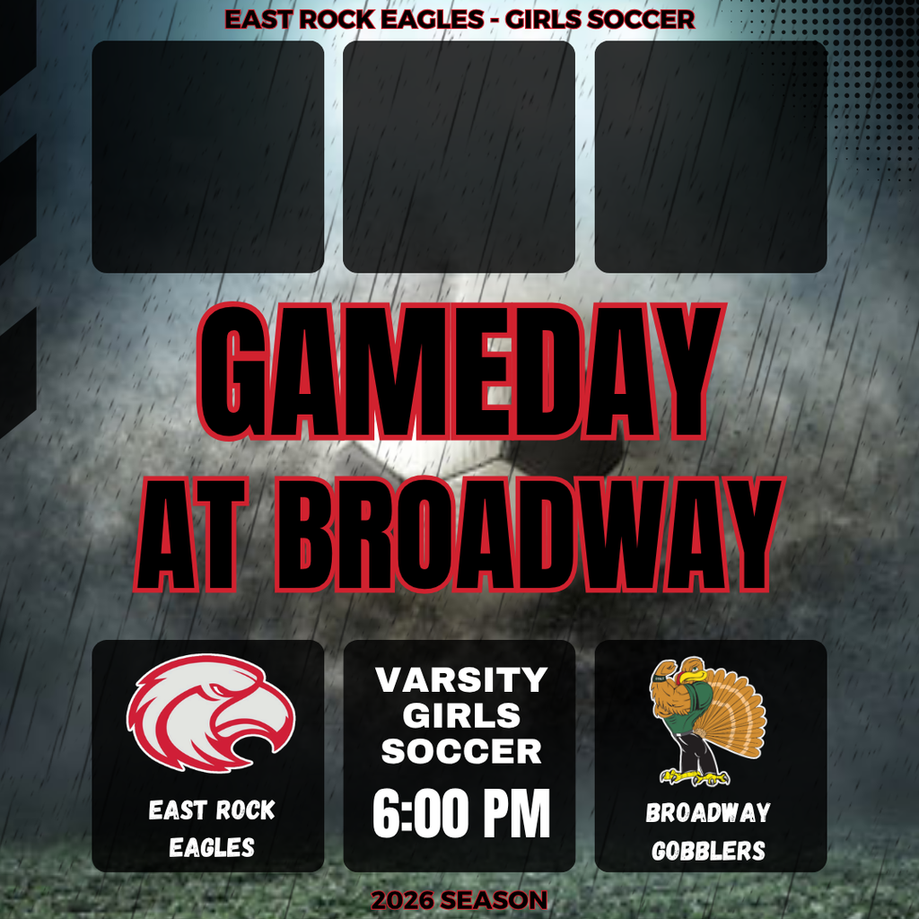 Dark background. Two logos and two text blocks. "Gameday at Broadway" is bold and large. "Varsity Girls Soccer" and "6:00 PM" are smaller.