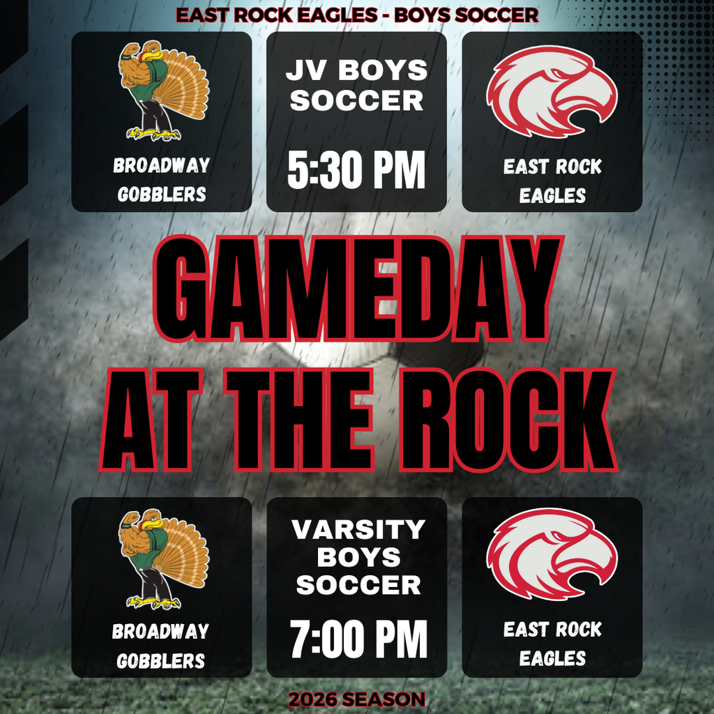 A poster shows two soccer games on a dark background. The teams are Broadway Gobblers and East Rock Eagles.