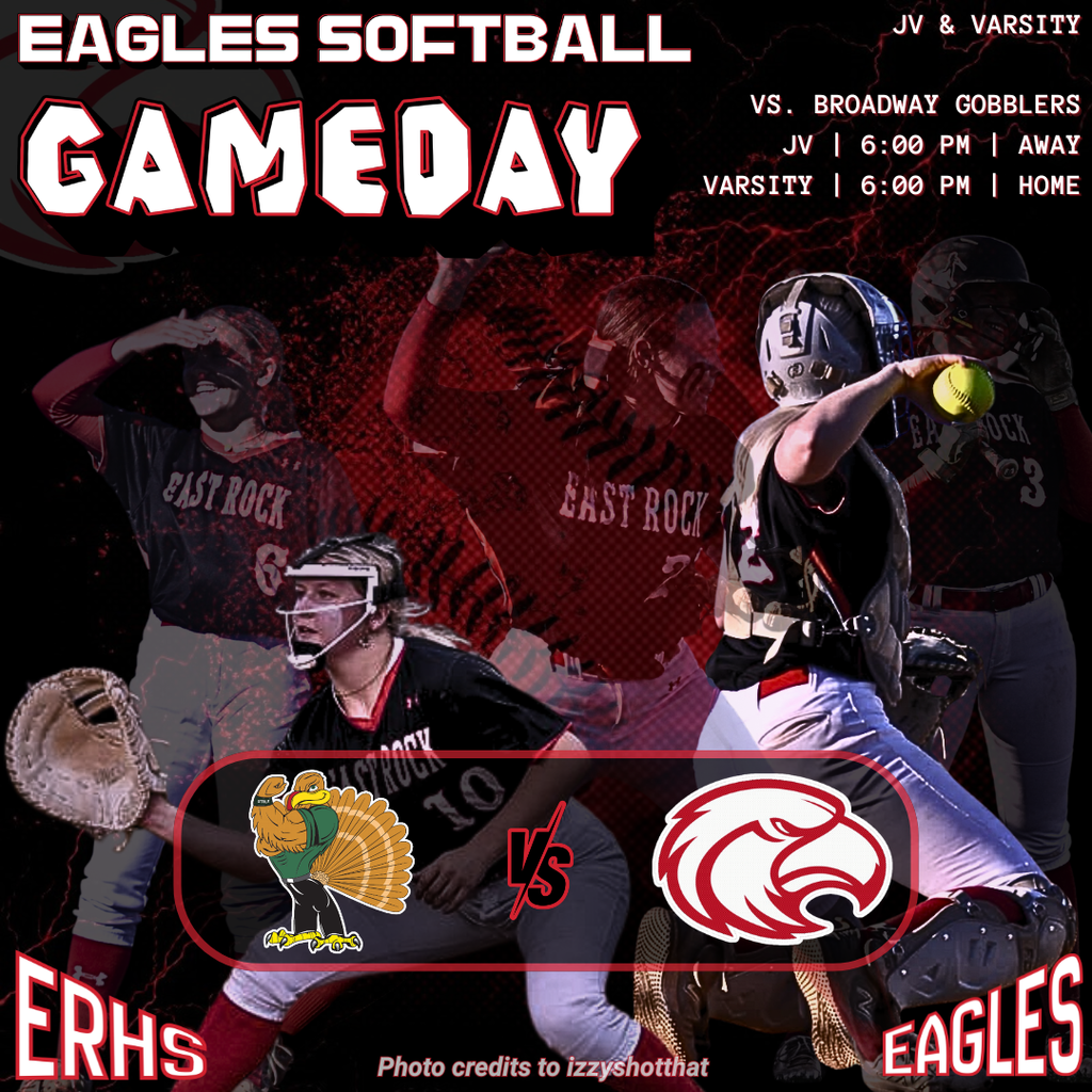 Advertisement for Eagles softball game. Red and white background. Players wearing helmets and holding equipment.