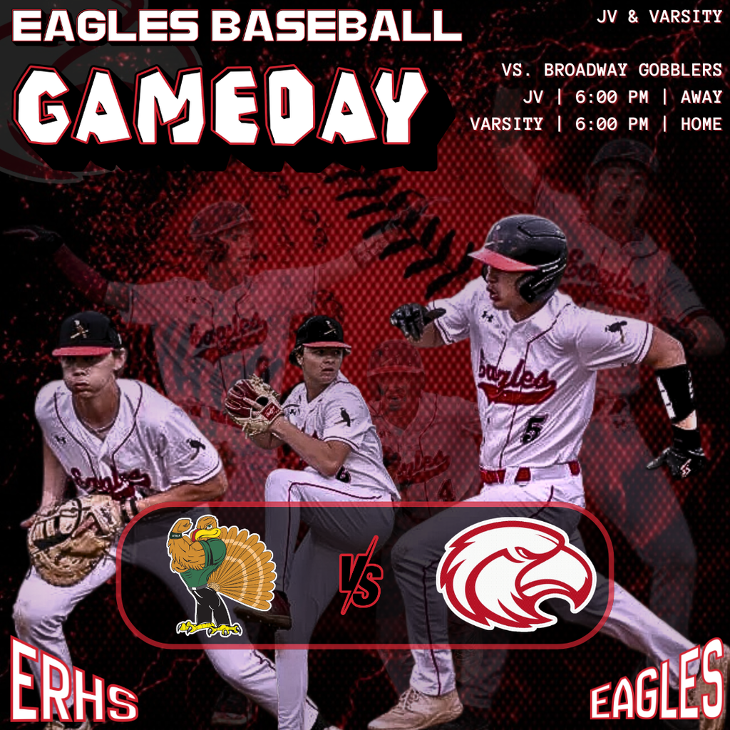 A baseball team poster shows three players with their names and team logos. The red background features the text "Eagles Baseball Gameday".