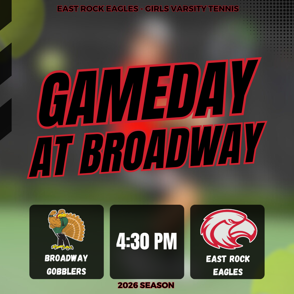 A digital banner promoting a girls' varsity tennis game at Broadway, featuring a turkey and a bird logo.