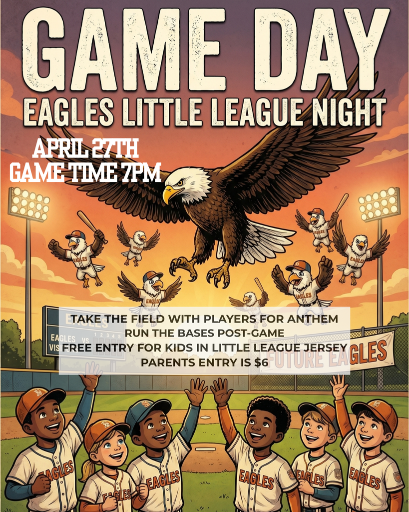 Poster with an eagle flying over children's baseball team. Children raising hands, cheering. "GAME DAY EAGLES LITTLE LEAGUE NIGHT" at top.