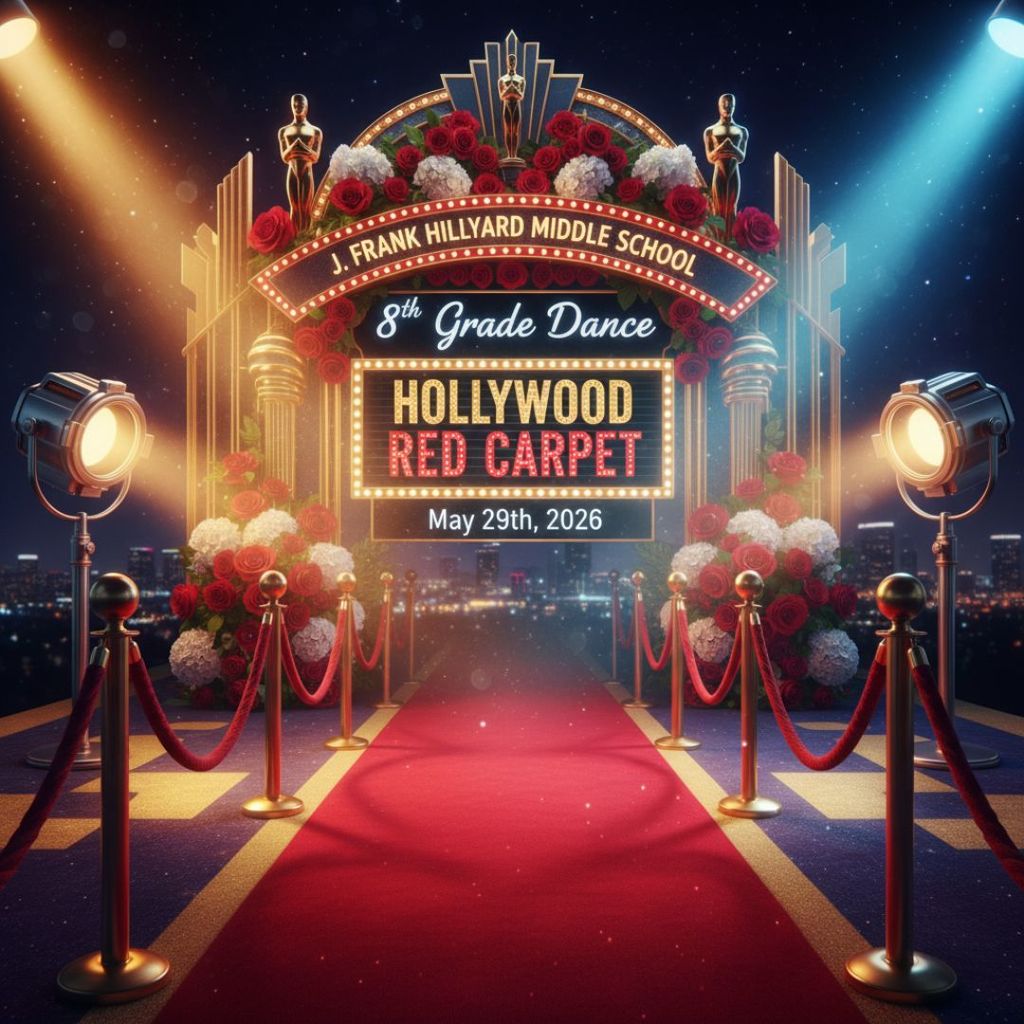 Red carpet event with red roses and spotlights, "Hollywood Red Carpet" on a banner.