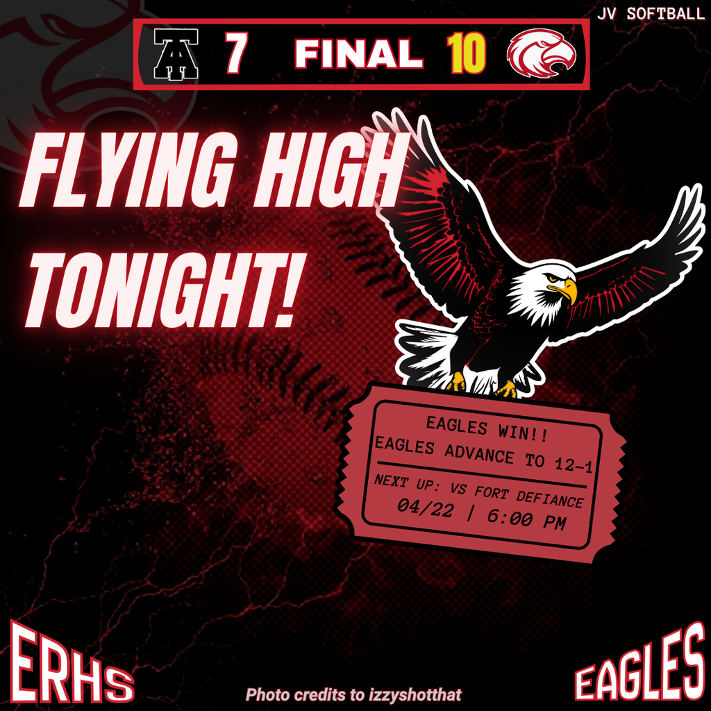 A sports announcement displays a flying eagle with spread wings, team logo, and match score. Background shows red and black pattern.