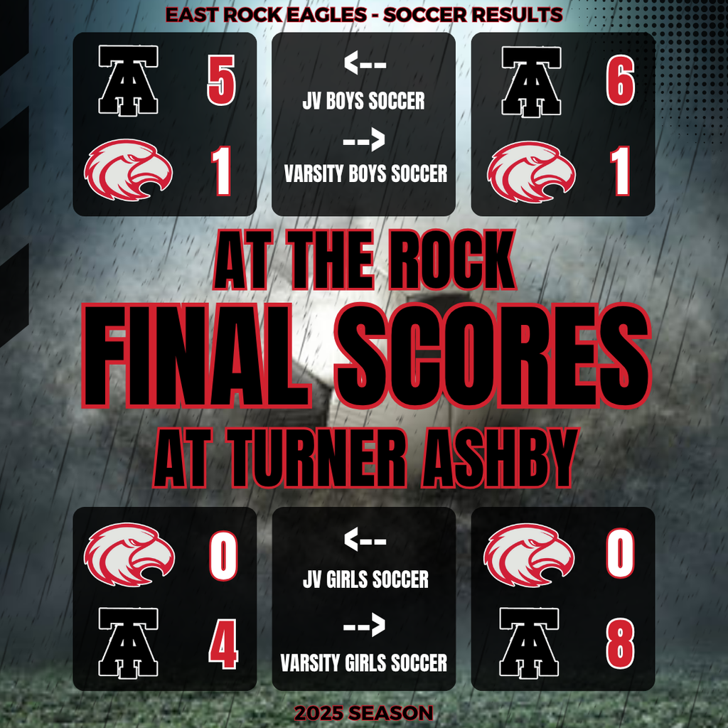 Black and red sports results graphic. Scores are for JV Boys Soccer, Varsity Boys Soccer, JV Girls Soccer, and Varsity Girls Soccer.