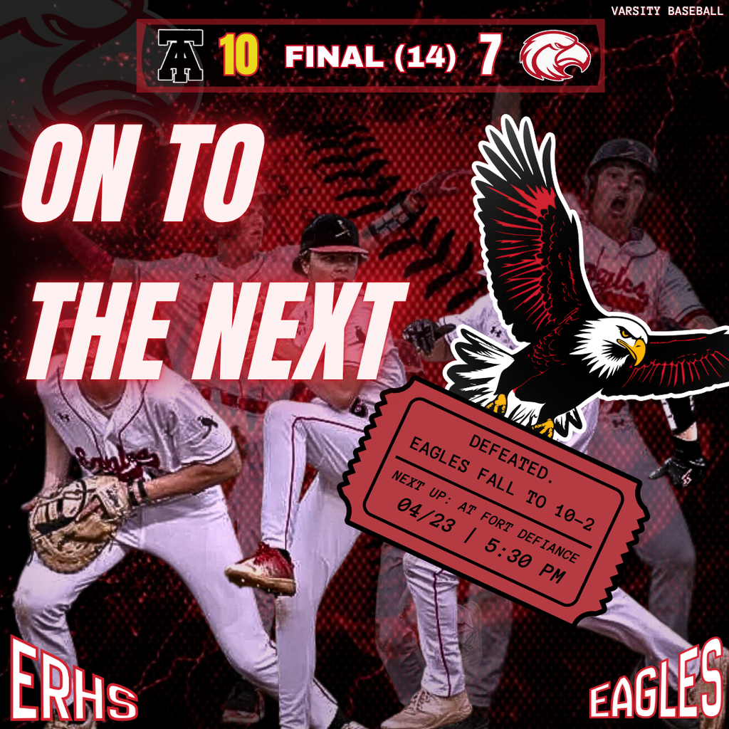 A baseball game poster featuring players in white uniforms and helmets. The text "ON TO THE NEXT" and "FINAL (14) 7" appears. An eagle logo and ticket stub add to the design.