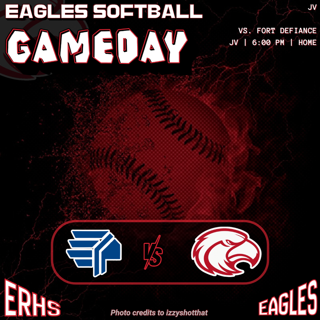 A red-themed poster for Eagles softball game day. The poster includes the words "Eagles Softball Gameday" and a baseball graphic.