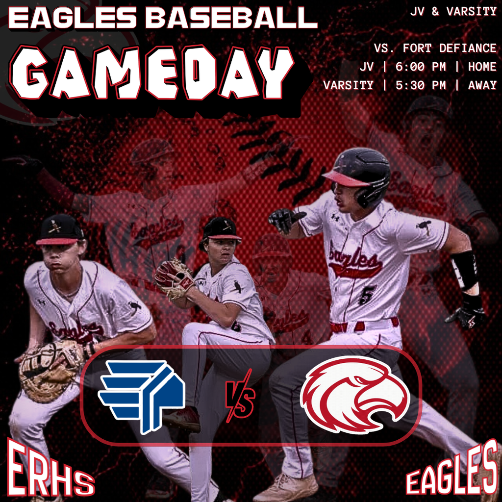 Baseball game poster featuring three players in mid-action, with "Eagles Baseball Gameday" and "ERHS vs Eagles" displayed.